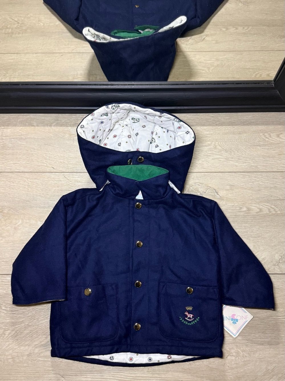 New Vintage 1970s Mini One Embroidered Horse All Over Print Lined Navy Jacket